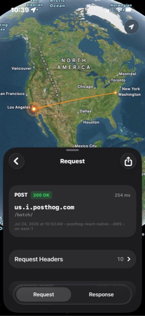 Tracer request detail screen: POST to us.i.posthog.com /batch/, 200 OK in 254 ms, sent by posthog-react-native, served from AWS us-east-1, with a Request Headers row showing 10 headers.