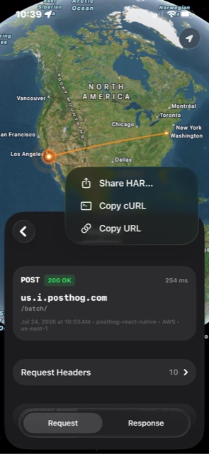 Tracer's share menu open over a captured request, showing three items: Share HAR…, Copy cURL, and Copy URL.