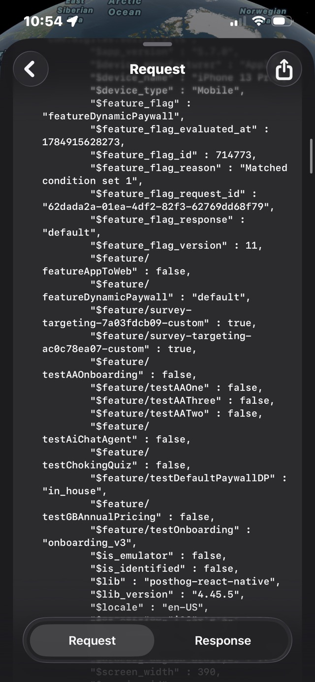 Tracer showing the decrypted request body of a PostHog batch upload: $feature_flag properties, thirteen $feature/ keys including testAiChatAgent and testDefaultPaywallDP, then $is_identified false and $lib posthog-react-native.