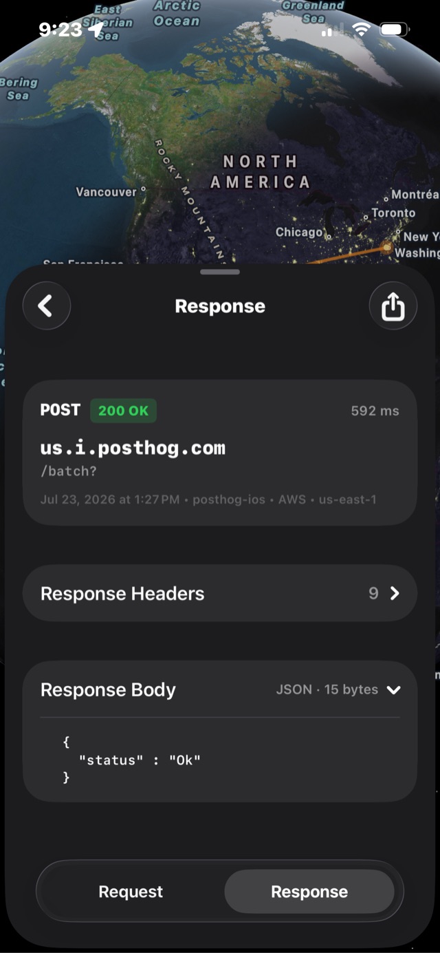 A captured POST to us.i.posthog.com/batch returning 200 OK in 592 milliseconds, sent by the posthog-ios SDK and served from AWS us-east-1.