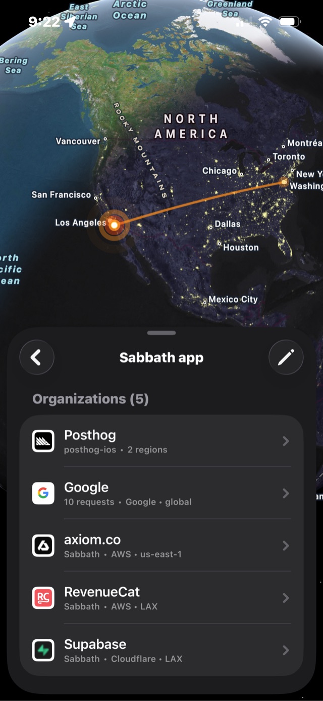 Tracer session view listing five organizations contacted by one app: PostHog, Google, axiom.co, RevenueCat and Supabase, each with its cloud provider and region.