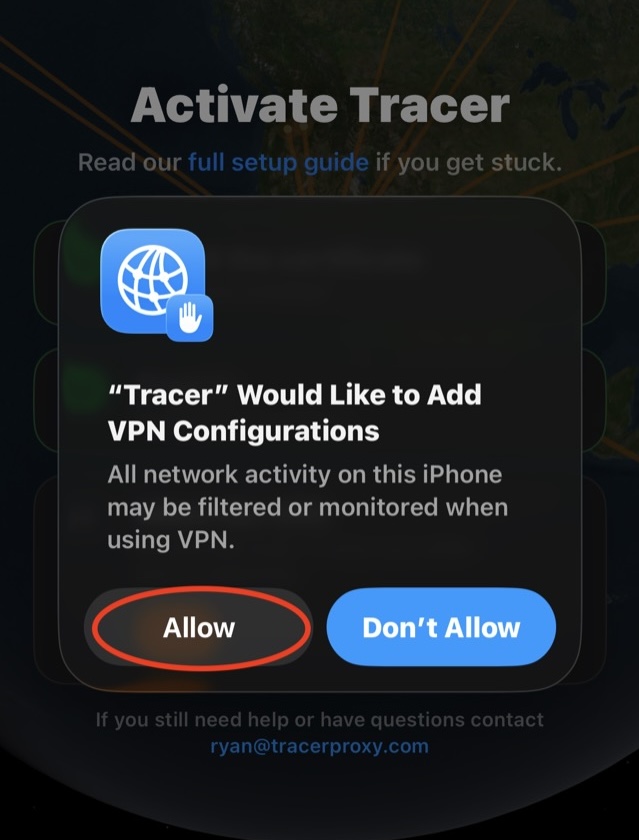 iOS dialog: Tracer Would Like to Add VPN Configurations, with the Allow button on the left circled.